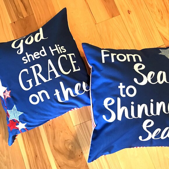 Patriotic Pillow Cover: Patchwork Stars, God Shed His Grace on Thee, 18x18 - Picture 3 of 7